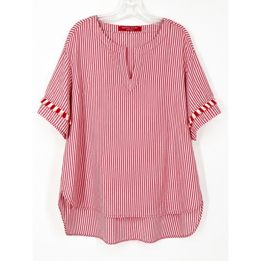 Marina Rinaldi Sport Tunic Top Red White Striped Fringe Trim Split Neck 16